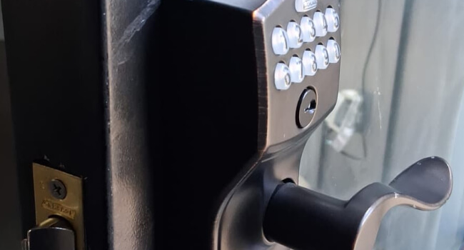 Commercial locksmith keypad access control lock on a Killeen door