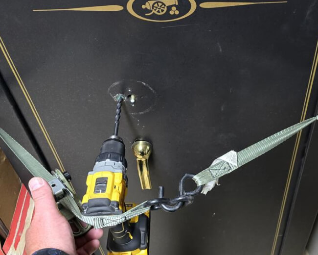 Locksmith drilling a Cannon gun safe open in Fort Worth
